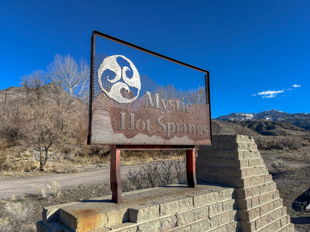Mystic Hot Springs sign as you enter the Hot Springs area, in Monroe, Utah.