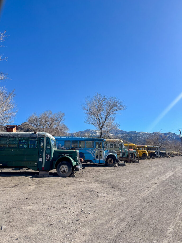 A row of vintage buses that people can camp in on a gravel parking lot at Mystic Hot Springs in Monroe, Utah.